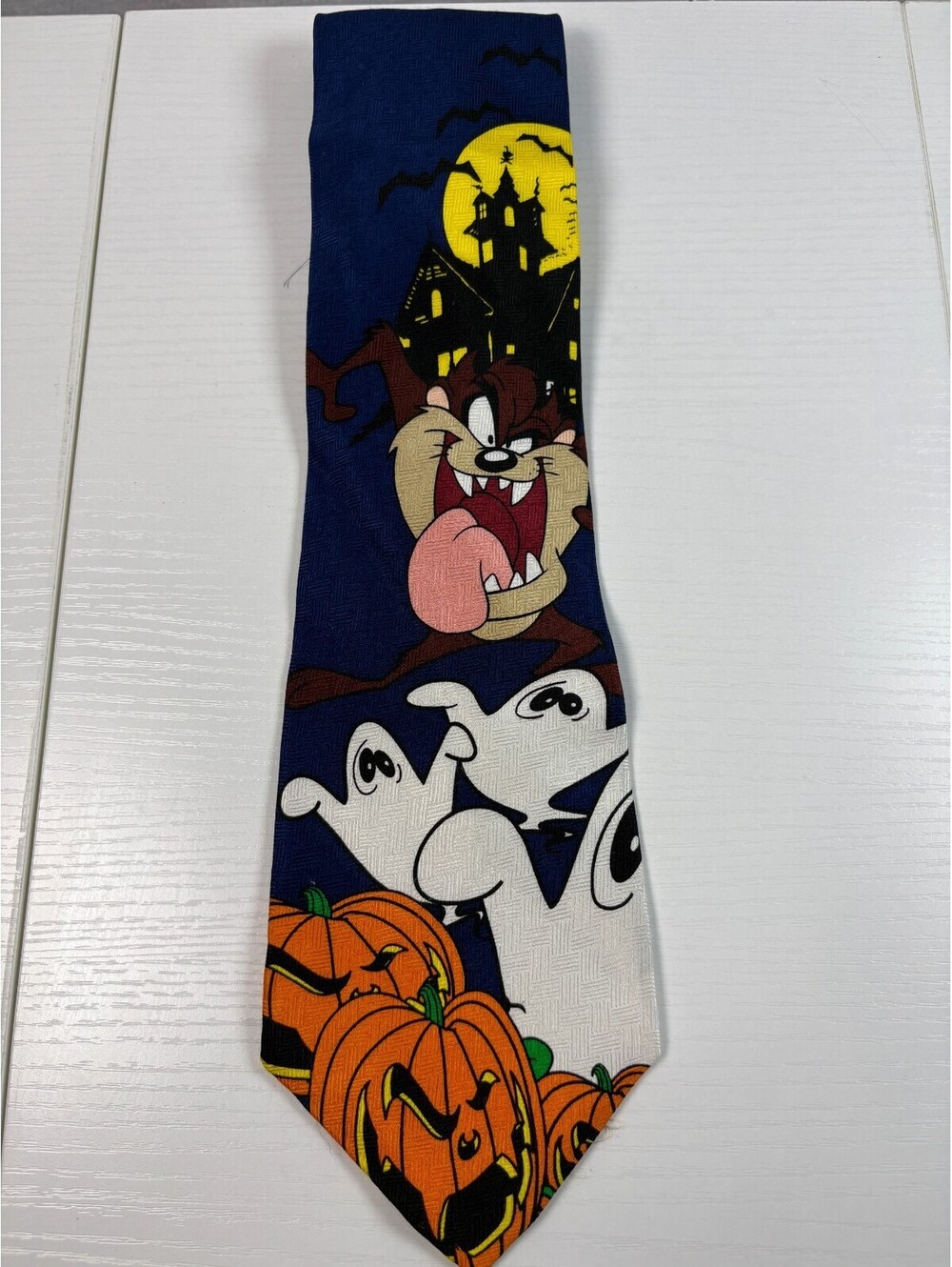 Looney Tunes Taz Halloween Silk Tie Ghosts Pumpkins Haunted House Novelty Vtg